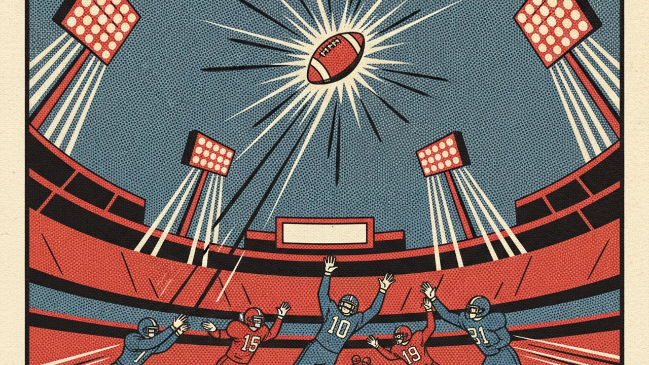 Pop-art çizgi roman panelinde floodlight altında stadyum ve havada top
