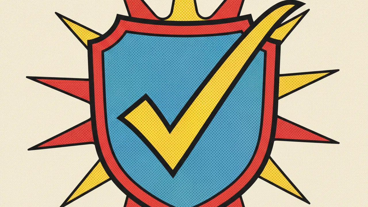 Pop-art panelde büyük onay işaretli rozet ve arkada patlama